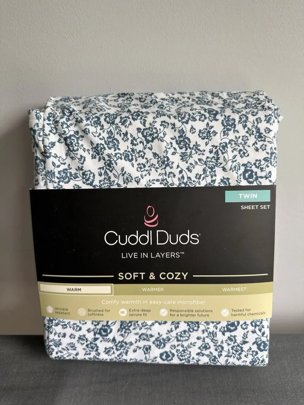 Cuddl Duds Microfiber Sheet Set 3 Piece Twin Size 16” Deep Pocket Blue Floral